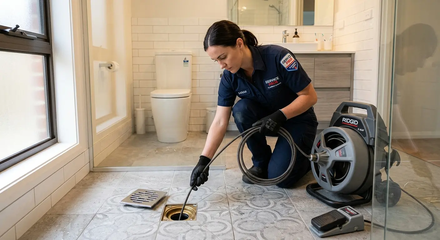 Technician clearing a bathroom floor drain for Drain Cleaning in Sansom Park